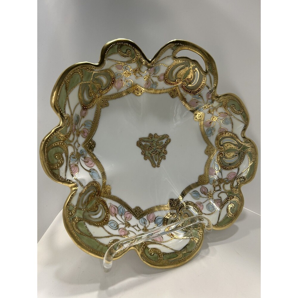 Nippon Noritake Vintage Hand Painted Porcelain Gold‎ Gilded Beaded Serving Dish
